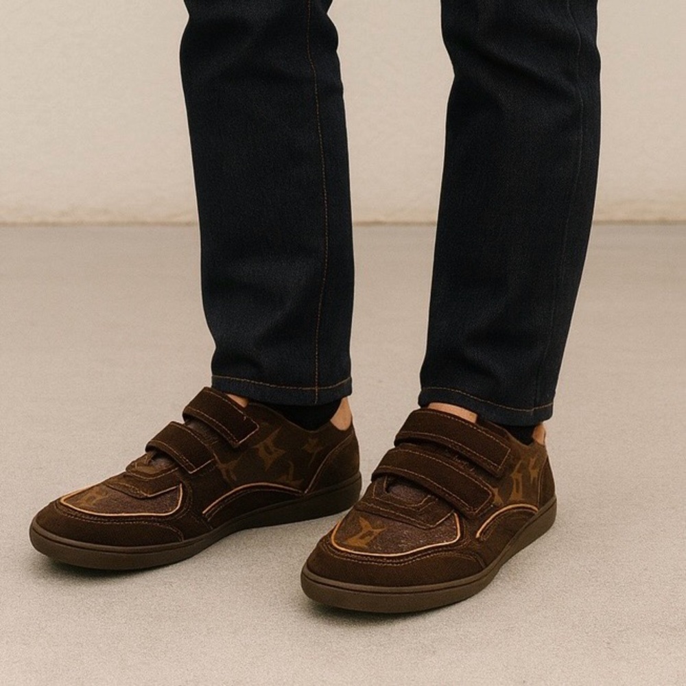 Authentic Louis Vuitton LV Monogram Sneakers, Brown Velcro Strap Luxury Men’s 8